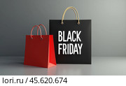 Красный и черный пакет с надписью Black Friday. Концепция распродажи. Стоковое AI-изображение, AI-художник Илья Старков / Фотобанк Лори