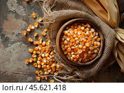 Dried corn grains in bowl on rustic background with burlap and corn husks. Стоковое AI-изображение, AI-художник Иван Рябоконь / Фотобанк Лори