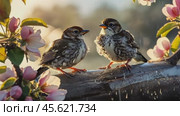 Sparrows perch on branch during a gentle shower, raindrops glistening in soft light. Feathered friends share a moment of serenity amid spring blossoms, nature's symphony. Стоковое AI-видео, аниматор Ольга Сухарева / Фотобанк Лори