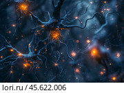 Neurons firing and communicating inside brain creating neural network. Стоковое AI-изображение, AI-художник Иван Рябоконь / Фотобанк Лори