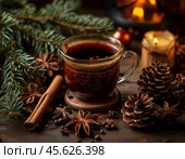 New Year is the smell of home, comfort, the smell of coffee with mulled wine and pine needles. Festive New Year atmosphere. Стоковое AI-изображение, AI-художник Сергей Елизарьев / Фотобанк Лори