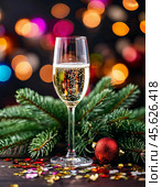A glass of champagne. December 31 is the day of opening Champagne. This is a real holiday, not just New Year's Eve. Стоковое AI-изображение, AI-художник Сергей Елизарьев / Фотобанк Лори