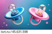 Two colorful pacifiers representing baby essentials and gender themes. Стоковое AI-изображение, AI-художник Igor Tichonow / Фотобанк Лори