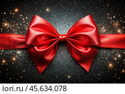 Elegant bow made of satin red ribbon on a shiny black background. Стоковое AI-изображение, AI-художник Photojuli / Фотобанк Лори