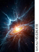 Supernova with exploding stars cosmic shock waves and radiant nebula on night sky, celestial space phenomenon. Perfect background, poster banner. Cosmic science spectacle concept. Copy ad text space. Стоковое AI-изображение, AI-художник Aleksandr Golubev / Фотобанк Лори