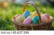 Easter eggs in a basket in the grass. Colorfully decorated Easter eggs in a wicker basket. Traditional egg hunt for spring holidays. Morning magical light. Card with copy space for text. Banner. Стоковое AI-видео, аниматор Евгений Демидюк / Фотобанк Лори