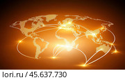 World map with glowing network connections in orange, symbolizing global communication, AI. Стоковое AI-изображение, AI-художник Сергей Старуш / Фотобанк Лори