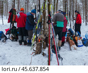 Туристы-лыжники на привале в походе выходного дня (ПВД) по Подмосковью (2012 год). Редакционное фото, фотограф Вадим Кантор / Фотобанк Лори