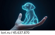 Holographic puppy sits in a human hand, symbolizing technology and innovation, AI. Стоковое AI-изображение, AI-художник Сергей Старуш / Фотобанк Лори