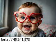 A cute little girl in stylish red heart-shaped glasses, having fun celebrating Valentine's Day. Стоковое AI-изображение, AI-художник Photojuli / Фотобанк Лори