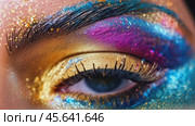A vibrant close-up of an eye covered in colorful shimmering makeup, combining gold, blue, and pink pigments for a glamorous artistic effect. Стоковое AI-видео, аниматор Igor Tichonow / Фотобанк Лори
