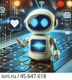 A cute little robot child aI chatbot robot talking in online chat using laptop computer. Стоковое AI-изображение, AI-художник Терехова Марина / Фотобанк Лори