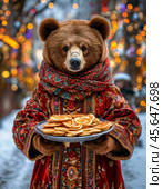 A smart she-bear in a bright Pavlovo Posad shawl treats us to pancakes with honey on Maslenitsa. Pancake week. Стоковое AI-изображение, AI-художник Сергей Елизарьев / Фотобанк Лори