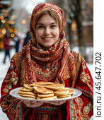 A beautiful girl in a Pavlovo Posad shawl treats with pancakes for Maslenitsa. Pancake week. Стоковое AI-изображение, AI-художник Сергей Елизарьев / Фотобанк Лори