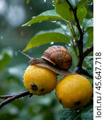 A snail on a pear branch. Стоковое AI-изображение, AI-художник Сергей Елизарьев / Фотобанк Лори