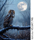 Eagle owl (Lat. Bubo bubo, Old Russian: pugač - literally "terrifying, scary") against the background of the full moon. Night landscape. Стоковое AI-изображение, AI-художник Сергей Елизарьев / Фотобанк Лори
