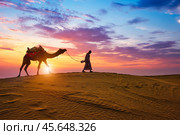 Indian cameleer camel driver camel silhouettes in dunes on sunset. Jaisalmer, Rajasthan, India (2019 год). Стоковое фото, фотограф Дмитрий Рухленко / Фотобанк Лори