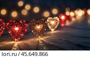 The concept of Valentine's Day, a banner with garlands in the form of hearts and magic lights for a holiday filled with love. A place for the text. Стоковое AI-изображение, AI-художник Photojuli / Фотобанк Лори