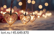 The concept of Valentine's Day, a banner with garlands in the form of hearts and magic lights for a holiday filled with love. A place for the text. Стоковое AI-изображение, AI-художник Photojuli / Фотобанк Лори