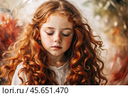 Portrait of a beautiful little red-haired girl with long wavy hair and a thoughtful look. The hair develops and creates a feeling of lightness and naturalness. Стоковое AI-изображение, AI-художник Photojuli / Фотобанк Лори