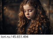 Portrait of a beautiful little red-haired girl with long wavy hair and a thoughtful look. The hair develops and creates a feeling of lightness and naturalness. Стоковое AI-изображение, AI-художник Photojuli / Фотобанк Лори