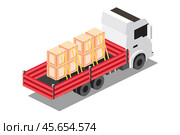 Isometric Flatbed Cargo Truck with Boxes. Commercial Transport. Logistics. City Object for Infographics. Car for Carriage of Goods. Rear view. Стоковая иллюстрация, иллюстратор Игорь Сорокин / Фотобанк Лори