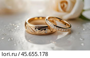 Gold wedding rings on a white background with a side. Wedding rings. The wedding day. The newlyweds. Стоковое AI-изображение, AI-художник Photojuli / Фотобанк Лори
