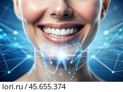 New technologies in dental prosthetics. Implants. Close-up of a smiling woman with a healthy perfect smile. The concept of dental health and dental care. Стоковое AI-изображение, AI-художник Photojuli / Фотобанк Лори
