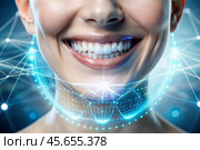 New technologies in dental prosthetics. Implants. Close-up of a smiling woman with a healthy perfect smile. The concept of dental health and dental care. Стоковое AI-изображение, AI-художник Photojuli / Фотобанк Лори