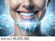 New technologies in dental prosthetics. Implants. Close-up of a smiling woman with a healthy perfect smile. The concept of dental health and dental care. Стоковое AI-изображение, AI-художник Photojuli / Фотобанк Лори