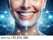 New technologies in dental prosthetics. Implants. Close-up of a smiling woman with a healthy perfect smile. The concept of dental health and dental care. Стоковое AI-изображение, AI-художник Photojuli / Фотобанк Лори