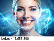 New technologies in dental prosthetics. Implants. Close-up of a smiling woman with a healthy perfect smile. The concept of dental health and dental care. Стоковое AI-изображение, AI-художник Photojuli / Фотобанк Лори