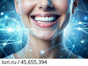 New technologies in dental prosthetics. Implants. Close-up of a smiling woman with a healthy perfect smile. The concept of dental health and dental care. Стоковое AI-изображение, AI-художник Photojuli / Фотобанк Лори
