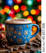 All over the world, December 13 is celebrated as World Hot Cocoa Day. This delicious drink is loved for its thick, rich taste and is valued for its wealth of useful microelements. Стоковое AI-изображение, AI-художник Сергей Елизарьев / Фотобанк Лори