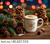 All over the world, December 13 is celebrated as World Hot Cocoa Day. This delicious drink is loved for its thick, rich taste and is valued for its wealth of useful microelements. Стоковое AI-изображение, AI-художник Сергей Елизарьев / Фотобанк Лори