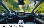 interior of a modern self-driving car driving along a tree-lined road without a driver at the wheel. Стоковое AI-видео, аниматор Александр Довянский / Фотобанк Лори