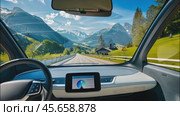 interior of a modern self-driving car with a picturesque Alpine road outside the windows, without a driver at the wheel. Стоковое AI-видео, аниматор Александр Довянский / Фотобанк Лори