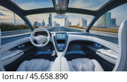 interior of a modern self-driving car with a picturesque city road of a metropolis outside the windows, without a driver at the wheel. Стоковое AI-видео, аниматор Александр Довянский / Фотобанк Лори