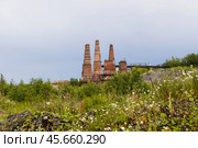 Pipes of old lime kilns on the abandoned marble and lime factory on a frosty January morning. Ruskeala, Karelia. Russia. Стоковое фото, фотограф Ольга Сейфутдинова / Фотобанк Лори