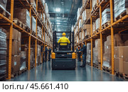 The loader rides along the rows in the warehouse. The concept of logistics. Стоковое AI-изображение, AI-художник Ярославский Максим / Фотобанк Лори
