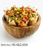 Grilled corn husk cups filled with chorizo, pico de gallo, and corn in wooden bowl. Стоковое AI-изображение, AI-художник Иван Рябоконь / Фотобанк Лори