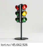 Four way traffic light showing green and yellow lights simultaneously on white background. Стоковое AI-изображение, AI-художник Иван Рябоконь / Фотобанк Лори