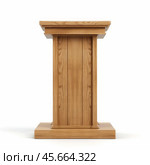 Wooden podium standing on white background representing public speaking. Стоковое AI-изображение, AI-художник Иван Рябоконь / Фотобанк Лори