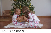 Two sisters wearing matching pajamas pulling big wrapped gift box, fighting near decorated Christmas tree cannot share a present on Christmas morning. Slow motion winter holidays footage. Стоковое видео, видеограф Ирина Михайличенко / Фотобанк Лори