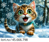 Зима. Впечатляюще забавный кот потрясающе открыл рот от восторга, радуясь зиме и снежинкам. Стоковое AI-изображение, AI-художник Елена Рассоха / Фотобанк Лори