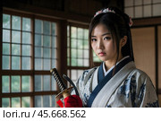A Japanese young woman with a sword and wearing Japanese clothes. Стоковое AI-изображение, AI-художник Александр Поташев / Фотобанк Лори