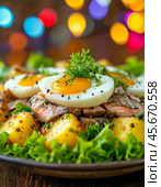 Norwegian salad: with salted fish, potatoes, egg, lettuce. Enjoy your meal! Стоковое AI-изображение, AI-художник Сергей Елизарьев / Фотобанк Лори