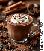 All over the world, December 13 is celebrated as World Hot Cocoa Day. This delicious drink is loved for its thick, rich taste and is valued for its wealth of useful microelements. Стоковое AI-изображение, AI-художник Сергей Елизарьев / Фотобанк Лори