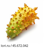 Kiwano fruit showing spikes and vivid colors on white background. Стоковое AI-изображение, AI-художник Иван Рябоконь / Фотобанк Лори