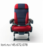 Red and blue airplane seat with fastened seatbelt on white background. Стоковое AI-изображение, AI-художник Иван Рябоконь / Фотобанк Лори